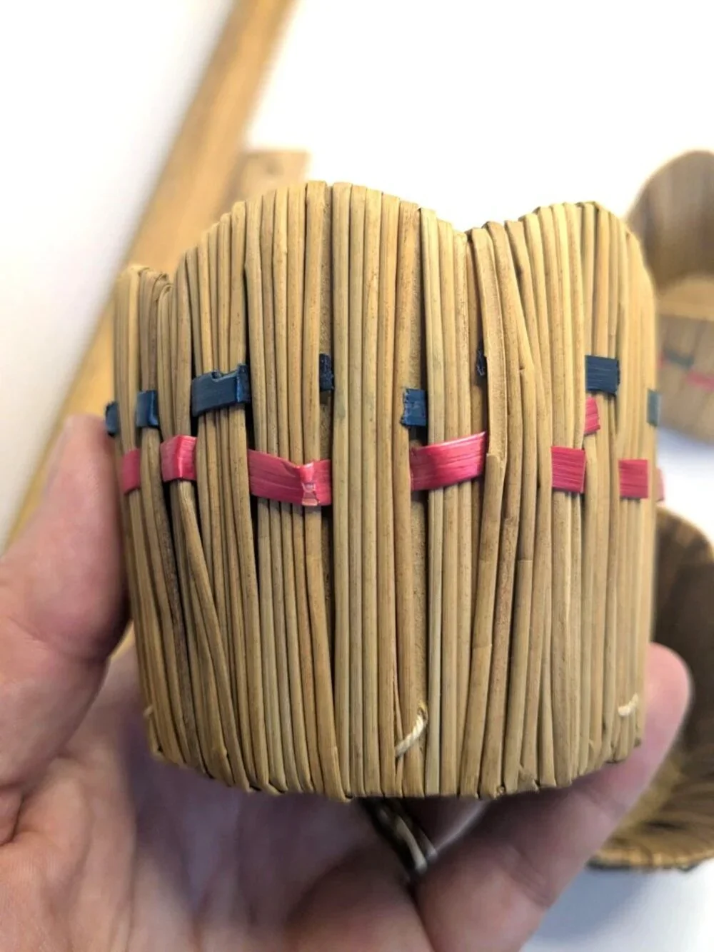 Vtg. Japanese Tiki Barware Raffia Straw Woven Glass Holders Set Of 6 1950s